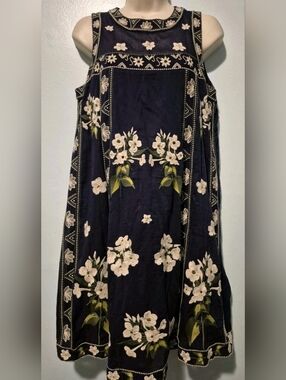 Maeve Anthropologie Blue  Rosa Floral Embroidered Swing Dress Women's Sz M Prepp